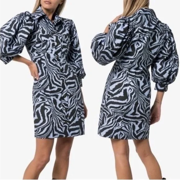 Women’s GANNI blue swirl pouf sleeve dress- Size 34 - Picture 1 of 10